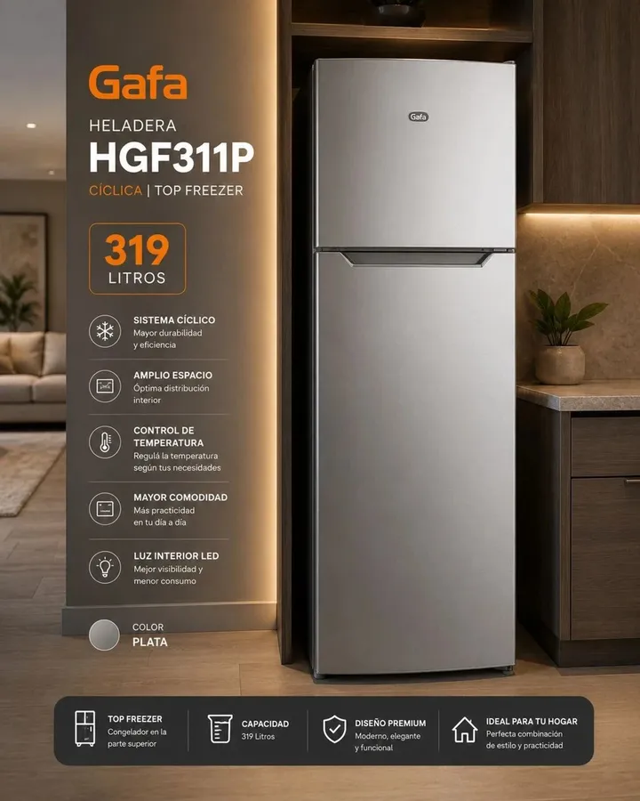 Heladera Gafa HGF311P Cíclica TOP Freezer 319L Silver