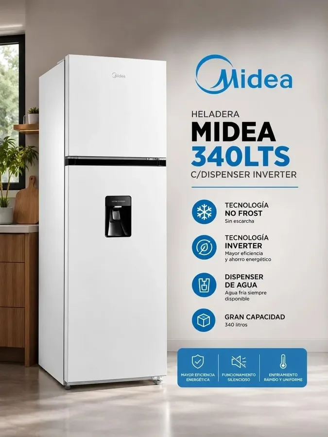 Heladera NO Frost Inverter 340LTS Midea Dispenser Blanca