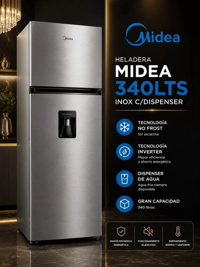 Heladera NO Frost Inverter 340LTS Midea CON Dispenser Inoxidable