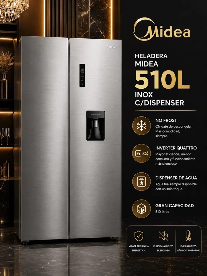 Heladera NO Frost Inverter Side BY Side 510LTS Dispenser Inox