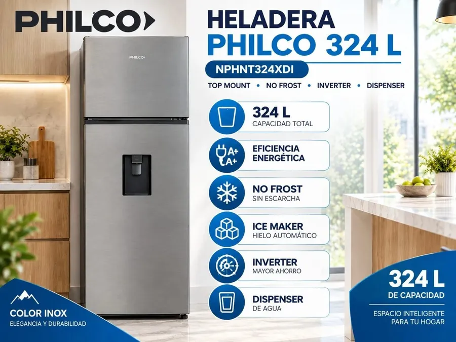 Heladera Philco NPHNT324XDI TOP Mount CON Dispenser NO Frost Inverter 324L Inox