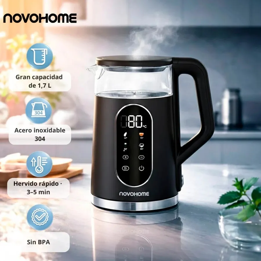 Pava Eléctrica 1.7 LTS Novohome Acero Inox. Digital Touch Black