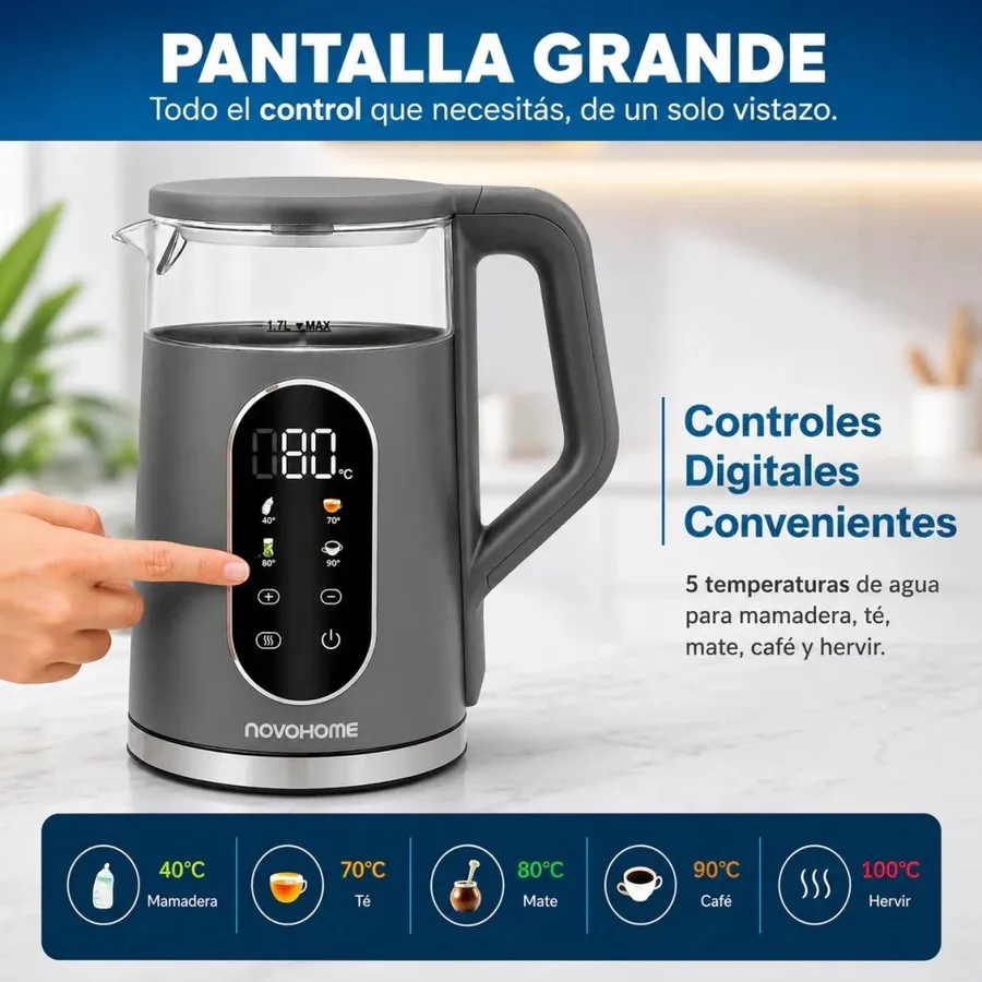 Pava Eléctrica 1.7 LTS Novohome Acero Inox. Digital Touch Silver