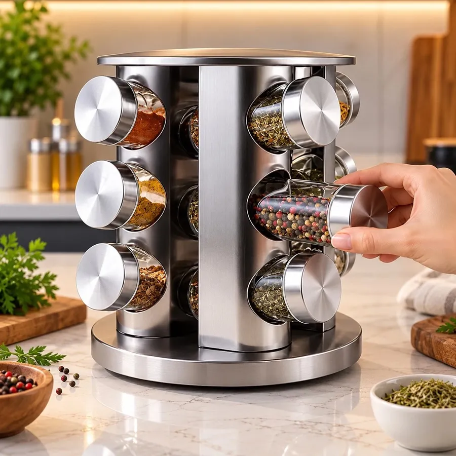 Especiero Giratorio 12 Piezas Acero Inox Y Vidrio