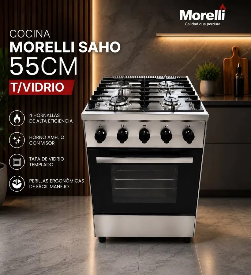 Cocina Morelli Saho Kuma 55Cm 4 Hornallas T/Vidrio
