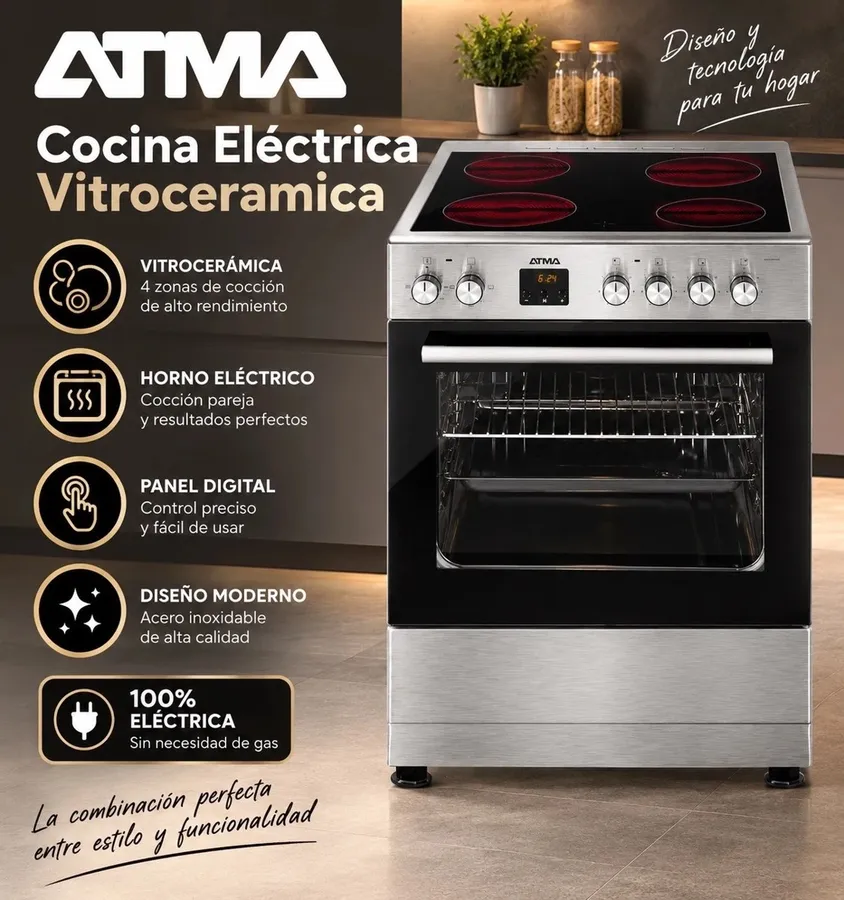 Cocina Electrica Atma 4 Hornallas Vitroceramica Inox