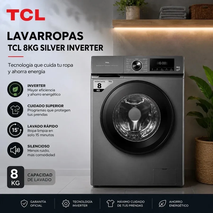 Lavarropas TCL Frontal 8 KG 1400 RPM Inverter Gris