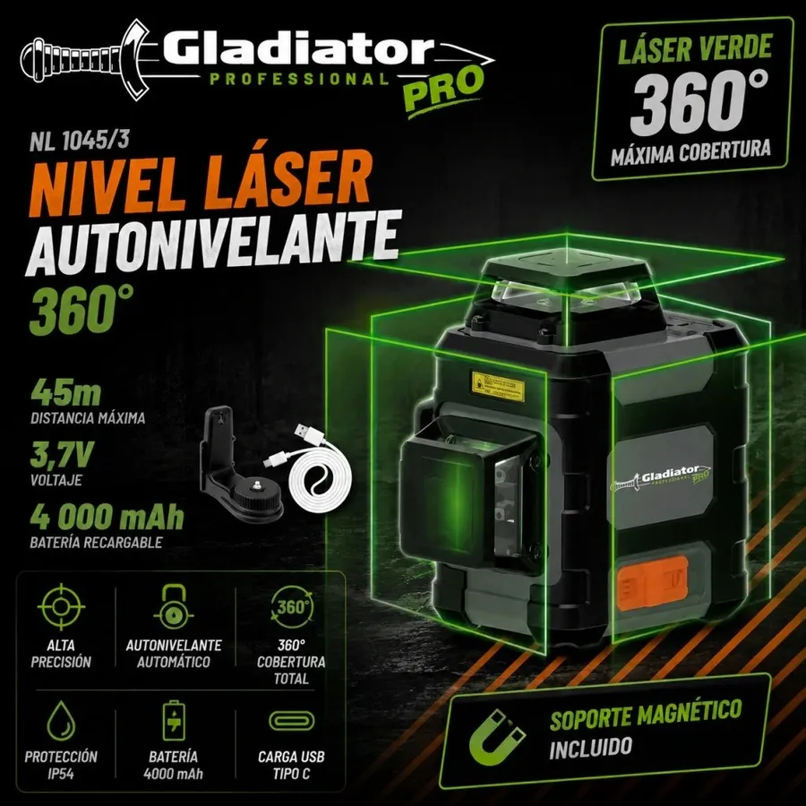 Nivel Láser Verde Autonivelante 360° 45M Gladiador Nl1045/3