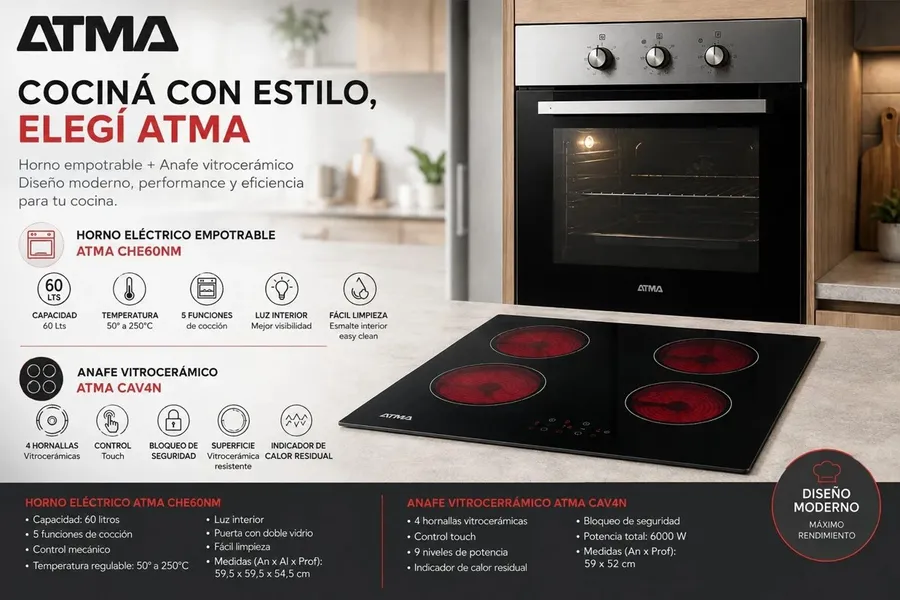 Horno Eléctrico Empotrable Atma 60 Lts CHE60NM Mecanico Anafe Vitroceramico Atma CAV4N 4 Hornallas