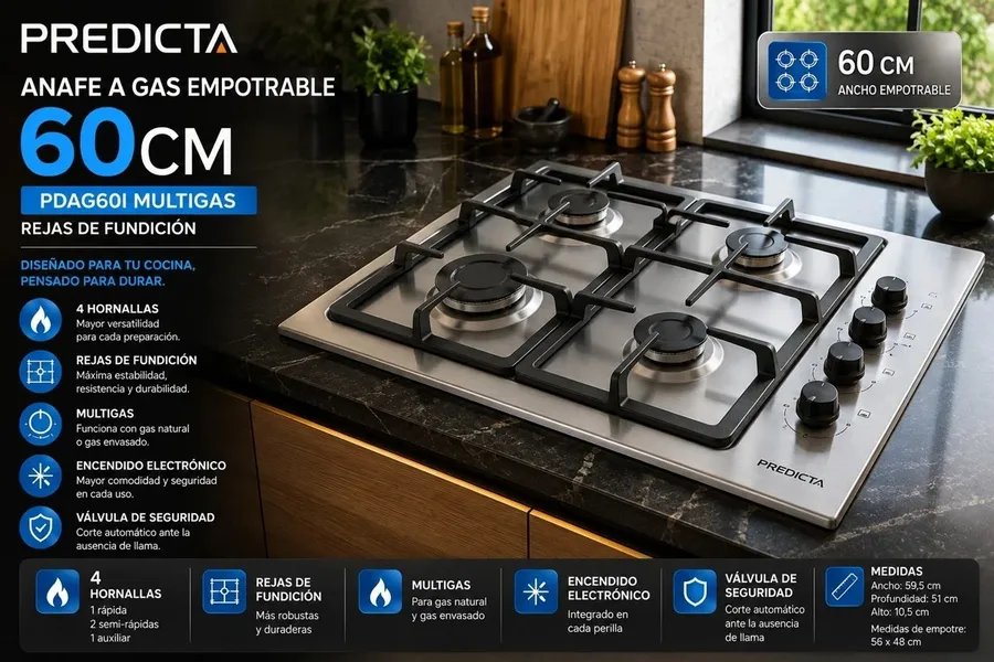 Anafe A GAS Empotrable Predicta 60 CM PDAG60I Multigas Rejas Fundición