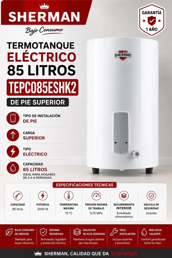 Termotanque Electrico Sherman Blanco 85LTS C/SUP DE PIE