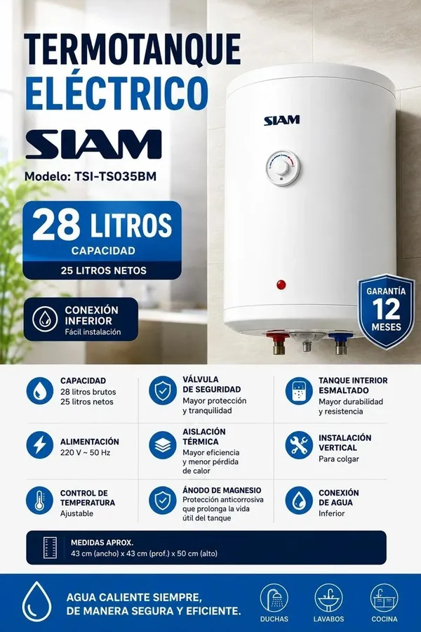 Termotanque Electrico Siam 28LTS TSI-TS035BM Conex Inferior